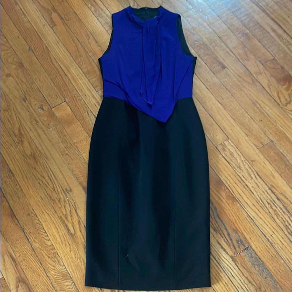 Karen Millen Blue and Black Sheath Dress Knee-Length Sleeveless Halter Cocktail